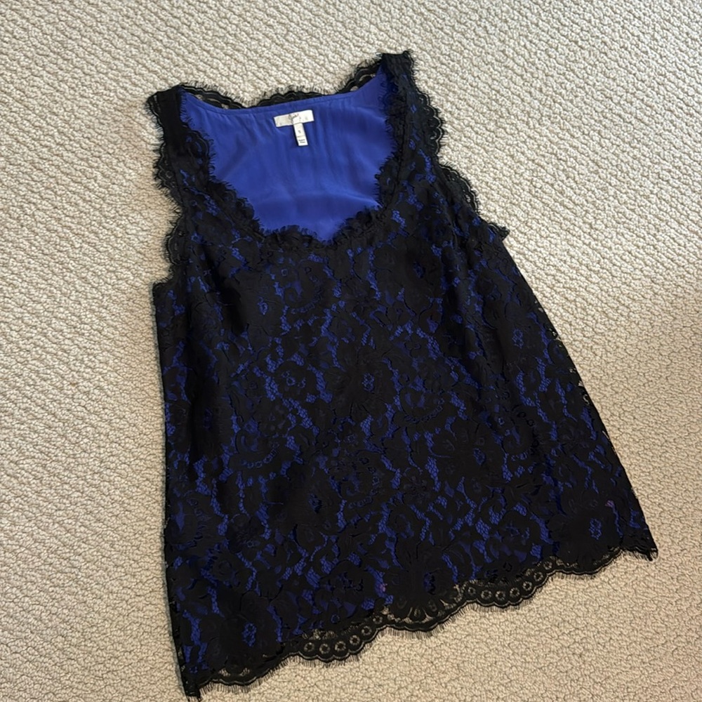 Joie blue silk tank with black lace size small
